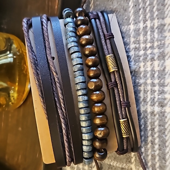 Leather and Cord and Wooden Bead Stacked Bracelets Unisex - Picture 2 of 3